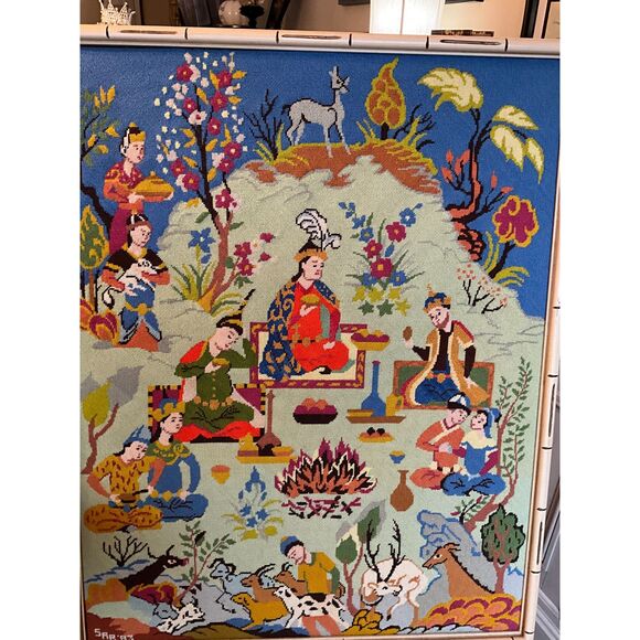 Absolutely incredible vintage framed needlepoint; Asian theme large size framed - Picture 2 of 5